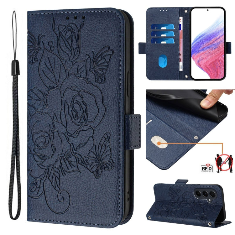 Custodia antifurto RFID in pelle con motivo a rosa in rilievo per telefono, For Samsung Galaxy A16 5G, For Samsung Galaxy A06 4G, For Samsung Galaxy A15 5G / 4G, For Samsung Galaxy A55 5G