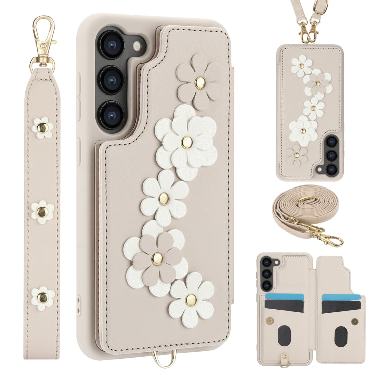 Custodia per telefono in pelle con motivo a fiori a tracolla, For Samsung Galaxy S22+ 5G