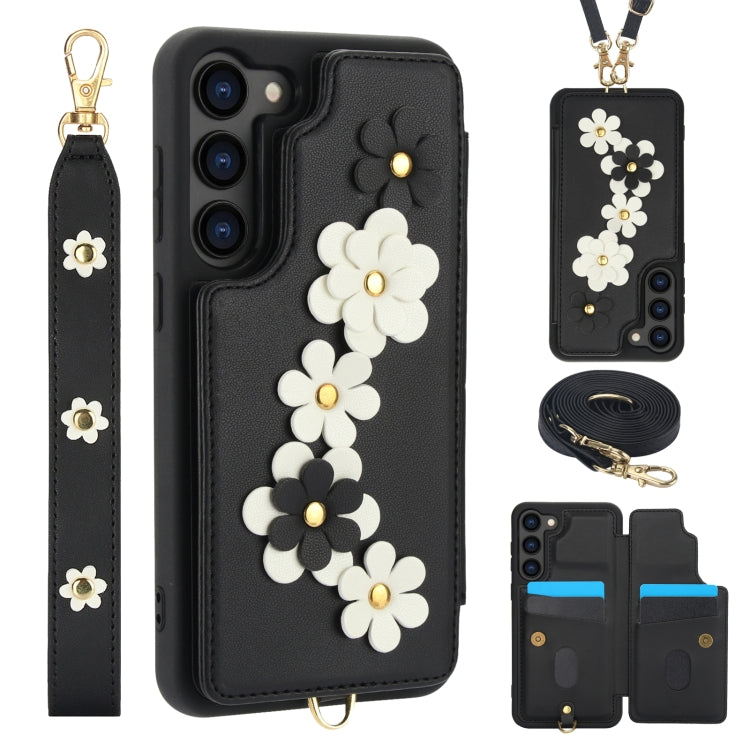 Custodia per telefono in pelle con motivo a fiori a tracolla, For Samsung Galaxy S22+ 5G