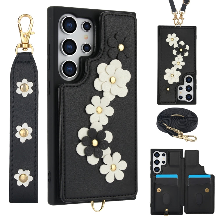Custodia per telefono in pelle con motivo a fiori a tracolla, For Samsung Galaxy S25+ 5G, For Samsung Galaxy S25 Ultra 5G, For Samsung Galaxy S24 Ultra 5G, For Samsung Galaxy S24+ 5G