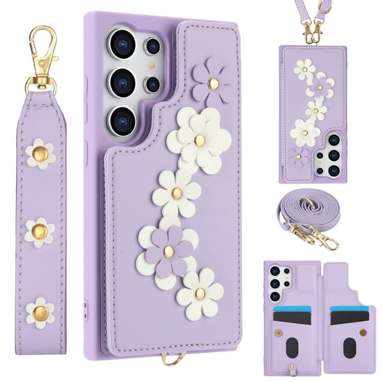 Custodia per telefono in pelle con motivo a fiori a tracolla, For Samsung Galaxy S25+ 5G, For Samsung Galaxy S25 Ultra 5G, For Samsung Galaxy S24 Ultra 5G, For Samsung Galaxy S24+ 5G