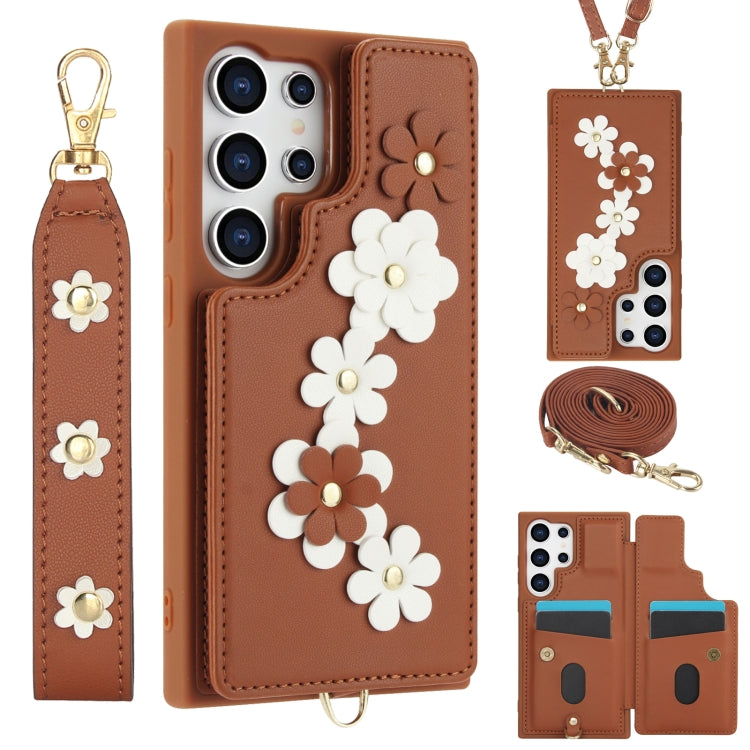 Custodia per telefono in pelle con motivo a fiori a tracolla, For Samsung Galaxy S25+ 5G, For Samsung Galaxy S25 Ultra 5G, For Samsung Galaxy S24 Ultra 5G, For Samsung Galaxy S24+ 5G