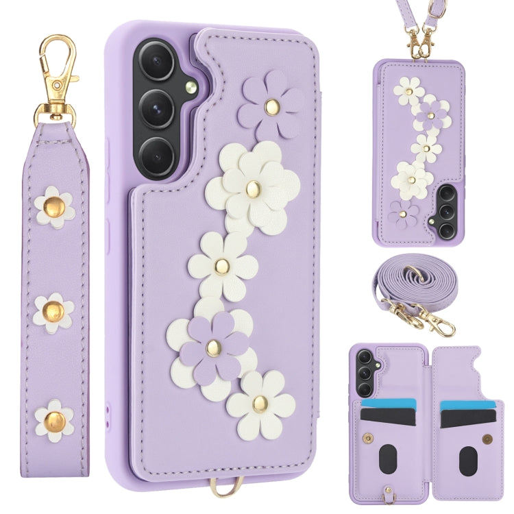 Custodia per telefono in pelle con motivo a fiori a tracolla, For Samsung Galaxy S25+ 5G, For Samsung Galaxy S25 Ultra 5G, For Samsung Galaxy S24 Ultra 5G, For Samsung Galaxy S24+ 5G