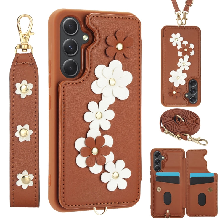 Custodia per telefono in pelle con motivo a fiori a tracolla, For Samsung Galaxy S25+ 5G, For Samsung Galaxy S25 Ultra 5G, For Samsung Galaxy S24 Ultra 5G, For Samsung Galaxy S24+ 5G