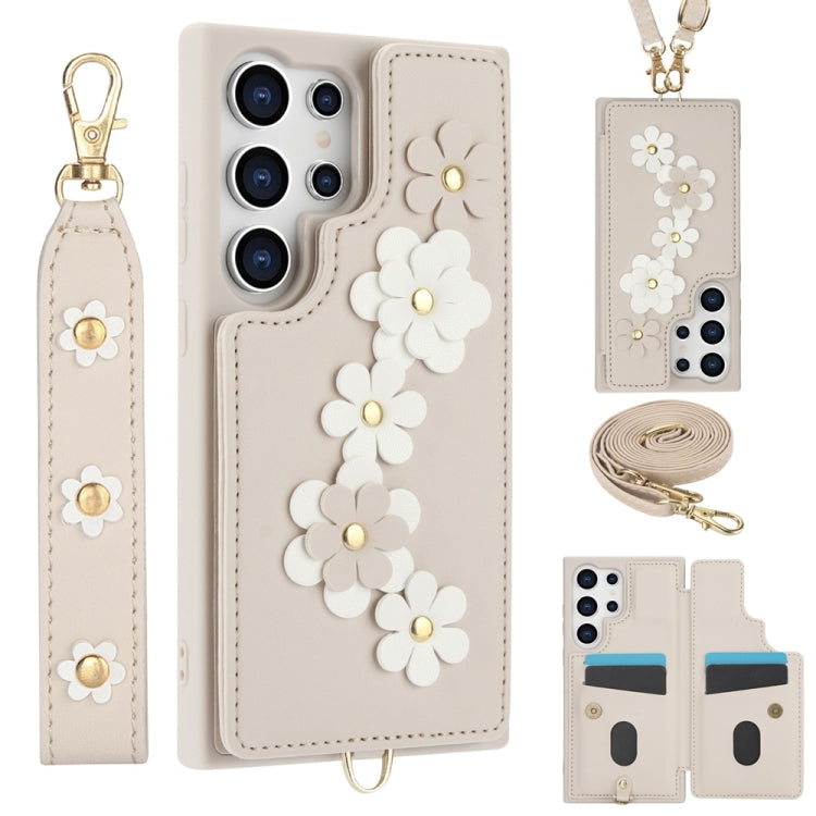 Custodia per telefono in pelle con motivo a fiori a tracolla, For Samsung Galaxy S25+ 5G, For Samsung Galaxy S25 Ultra 5G, For Samsung Galaxy S24 Ultra 5G, For Samsung Galaxy S24+ 5G