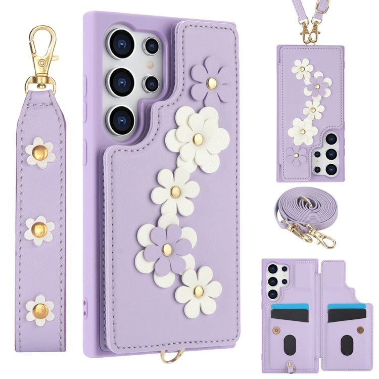 Custodia per telefono in pelle con motivo a fiori a tracolla, For Samsung Galaxy S25+ 5G, For Samsung Galaxy S25 Ultra 5G, For Samsung Galaxy S24 Ultra 5G, For Samsung Galaxy S24+ 5G