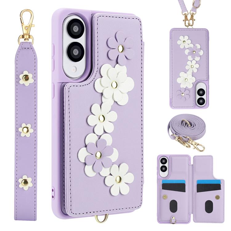 Custodia per telefono in pelle con motivo a fiori a tracolla, For Samsung Galaxy S26+ 5G, For Samsung Galaxy S26 Ultra 5G, For Samsung Galaxy S26 5G, For Samsung Galaxy S25 Edge 5G