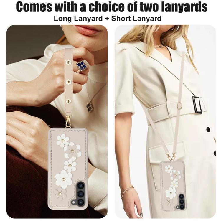 Custodia per telefono in pelle con motivo a fiori a tracolla, For Samsung Galaxy S26+ 5G, For Samsung Galaxy S26 Ultra 5G, For Samsung Galaxy S26 5G, For Samsung Galaxy S25 Edge 5G