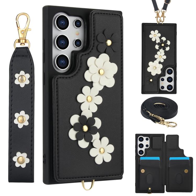 Custodia per telefono in pelle con motivo a fiori a tracolla, For Samsung Galaxy S26+ 5G, For Samsung Galaxy S26 Ultra 5G, For Samsung Galaxy S26 5G, For Samsung Galaxy S25 Edge 5G