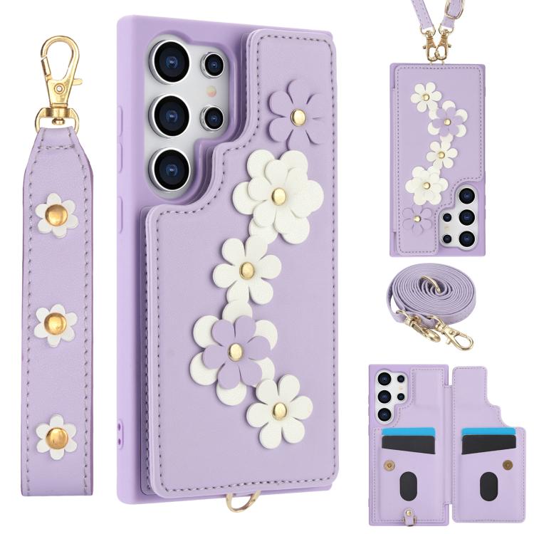 Custodia per telefono in pelle con motivo a fiori a tracolla, For Samsung Galaxy S26+ 5G, For Samsung Galaxy S26 Ultra 5G, For Samsung Galaxy S26 5G, For Samsung Galaxy S25 Edge 5G