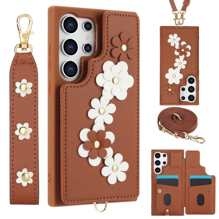 Custodia per telefono in pelle con motivo a fiori a tracolla, For Samsung Galaxy S26+ 5G, For Samsung Galaxy S26 Ultra 5G, For Samsung Galaxy S26 5G, For Samsung Galaxy S25 Edge 5G