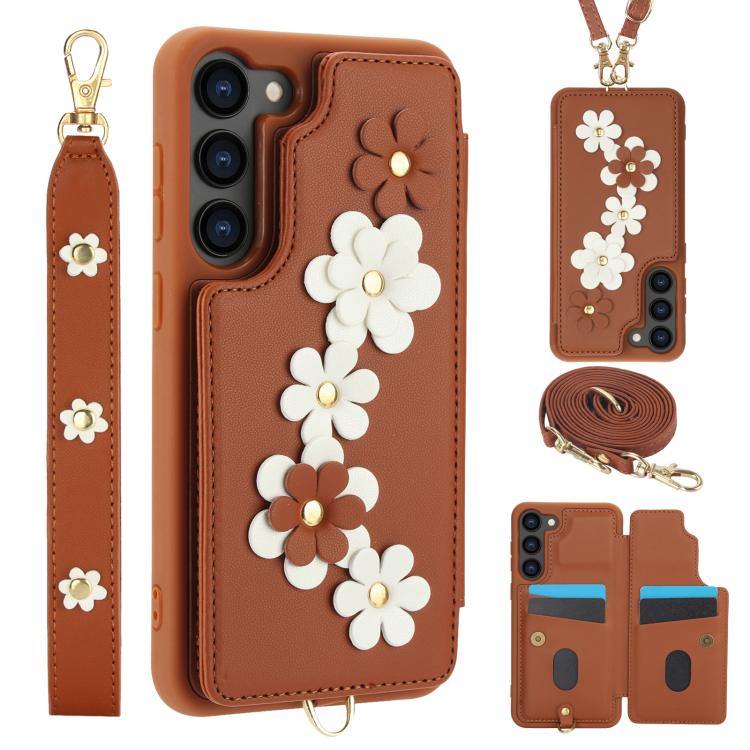 Custodia per telefono in pelle con motivo a fiori a tracolla, For Samsung Galaxy S26+ 5G, For Samsung Galaxy S26 Ultra 5G, For Samsung Galaxy S26 5G, For Samsung Galaxy S25 Edge 5G