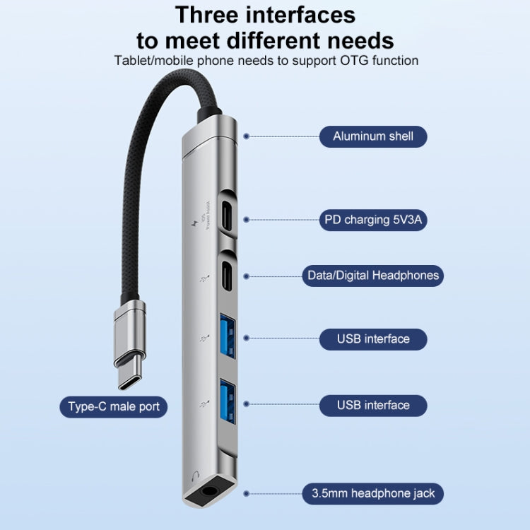 Adattatore HUB USB-C 5 in 1 con porte USB 2.0 e jack audio