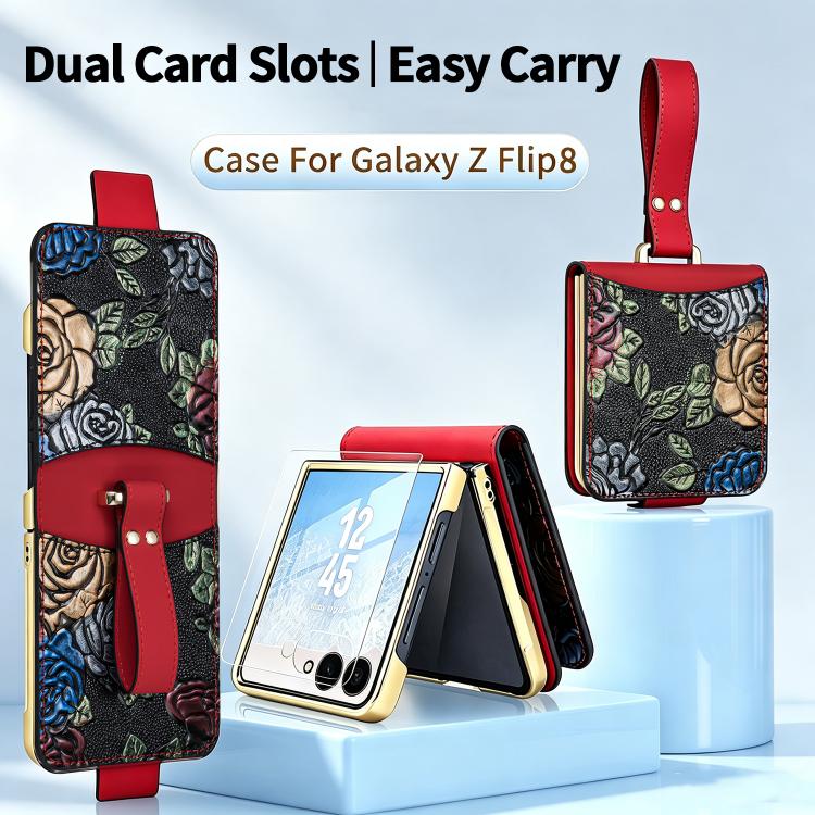 Custodia per telefono a copertura totale con motivo in rilievo integrato VIETAO con cinturino da polso, For Galaxy Z Flip8 5G, For Samsung Galaxy Z Flip7, For Samsung Galaxy Z Flip6, For Samsung Galaxy Z Flip5