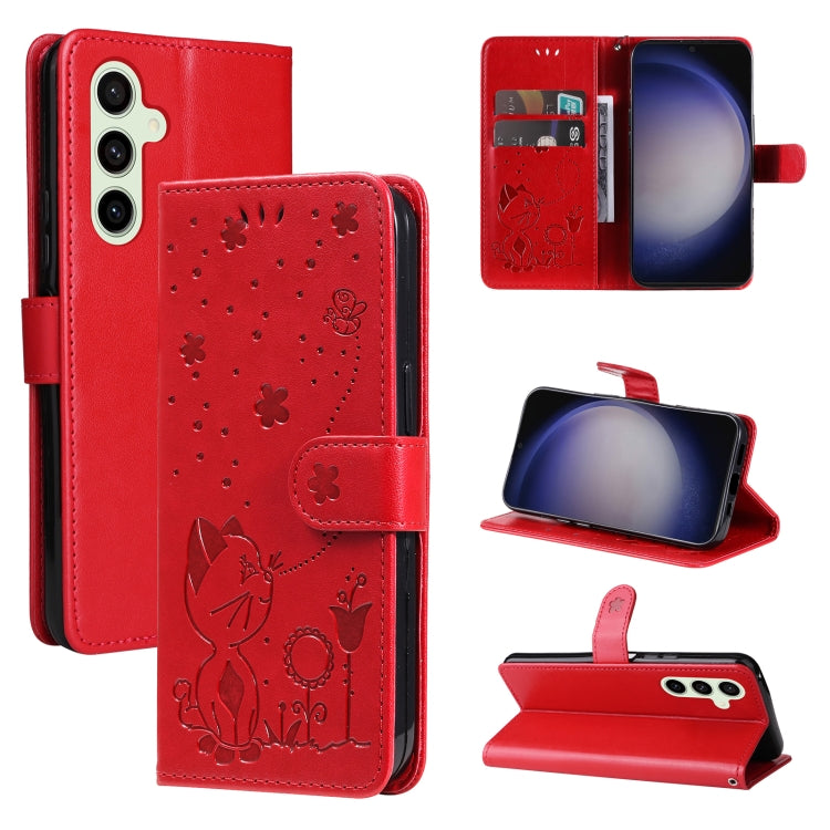 Custodia per cellulare in pelle con motivo gatto e ape in rilievo, For Galaxy S26 5G, For Galaxy S25 FE 5G, For Galaxy S25 / S24 5G, For Galaxy S25+ / S24+ 5G