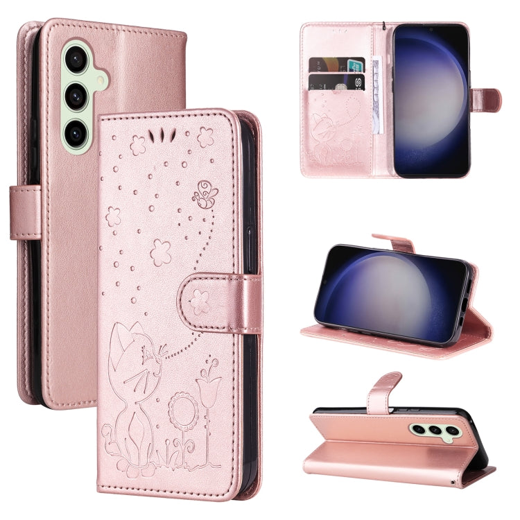 Custodia per cellulare in pelle con motivo gatto e ape in rilievo, For Galaxy S26 5G, For Galaxy S25 FE 5G, For Galaxy S25 / S24 5G, For Galaxy S25+ / S24+ 5G