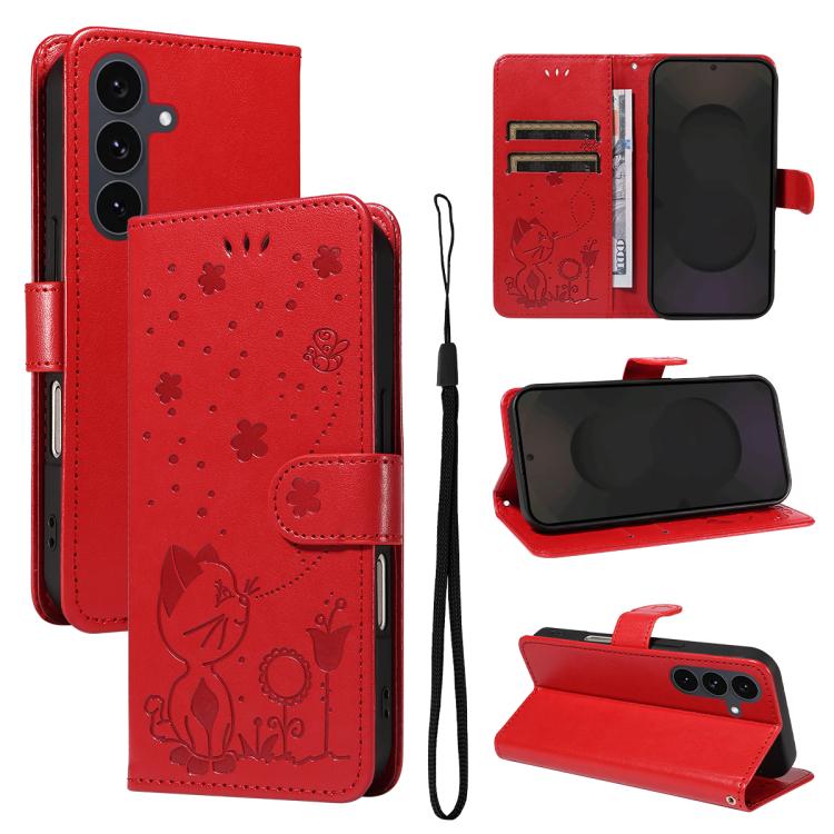 Custodia per cellulare in pelle con motivo gatto e ape in rilievo, For Galaxy S26 5G, For Galaxy S25 FE 5G, For Galaxy S25 / S24 5G, For Galaxy S25+ / S24+ 5G