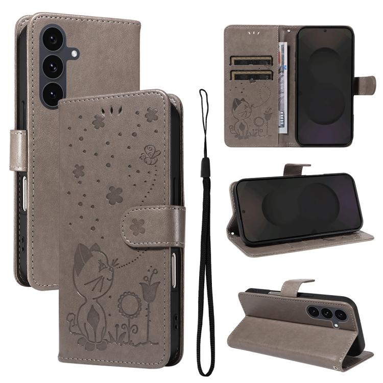 Custodia per cellulare in pelle con motivo gatto e ape in rilievo, For Galaxy S26 5G, For Galaxy S25 FE 5G, For Galaxy S25 / S24 5G, For Galaxy S25+ / S24+ 5G