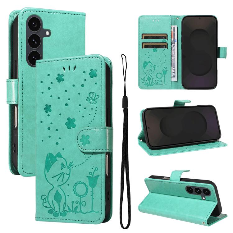 Custodia per cellulare in pelle con motivo gatto e ape in rilievo, For Galaxy S26 5G, For Galaxy S25 FE 5G, For Galaxy S25 / S24 5G, For Galaxy S25+ / S24+ 5G