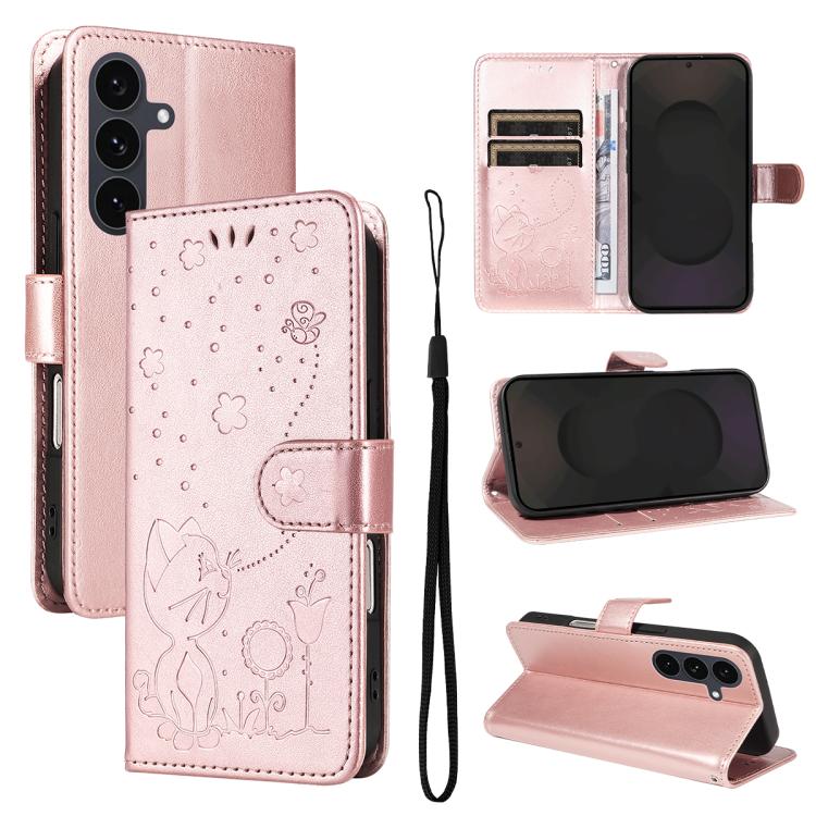 Custodia per cellulare in pelle con motivo gatto e ape in rilievo, For Galaxy S26 5G, For Galaxy S25 FE 5G, For Galaxy S25 / S24 5G, For Galaxy S25+ / S24+ 5G
