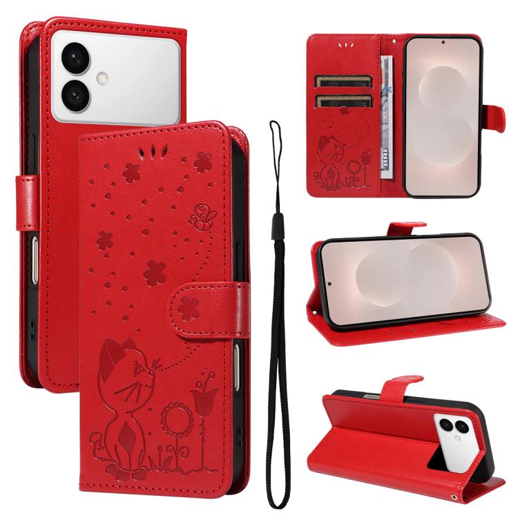 Custodia per cellulare in pelle con motivo gatto e ape in rilievo, For Galaxy S26 FE 5G, For Galaxy S26+ 5G, For Galaxy S26 Edge 5G, For Galaxy S26 Ultra 5G