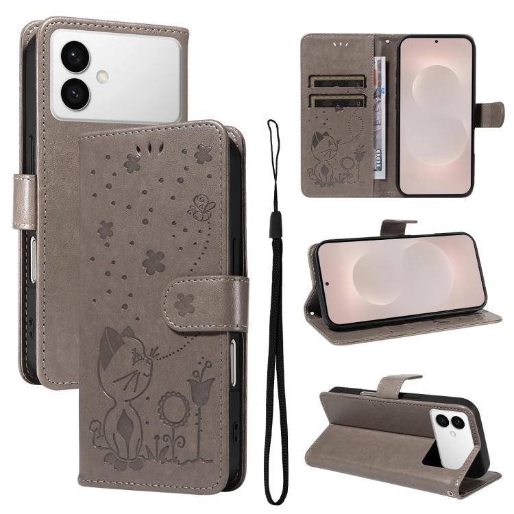 Custodia per cellulare in pelle con motivo gatto e ape in rilievo, For Galaxy S26 FE 5G, For Galaxy S26+ 5G, For Galaxy S26 Edge 5G, For Galaxy S26 Ultra 5G