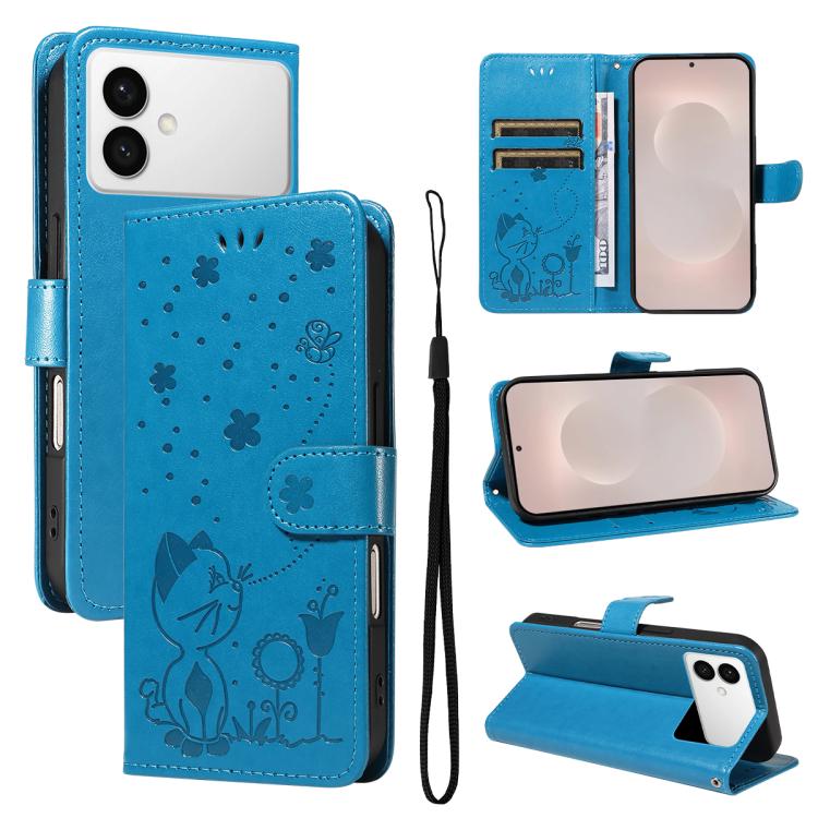 Custodia per cellulare in pelle con motivo gatto e ape in rilievo, For Galaxy S26 FE 5G, For Galaxy S26+ 5G, For Galaxy S26 Edge 5G, For Galaxy S26 Ultra 5G
