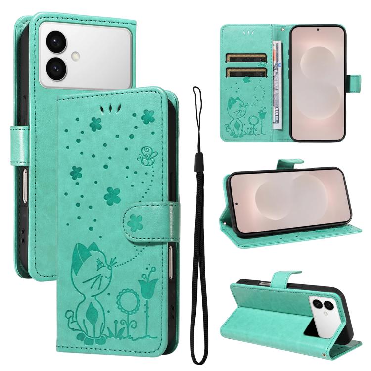 Custodia per cellulare in pelle con motivo gatto e ape in rilievo, For Galaxy S26 FE 5G, For Galaxy S26+ 5G, For Galaxy S26 Edge 5G, For Galaxy S26 Ultra 5G