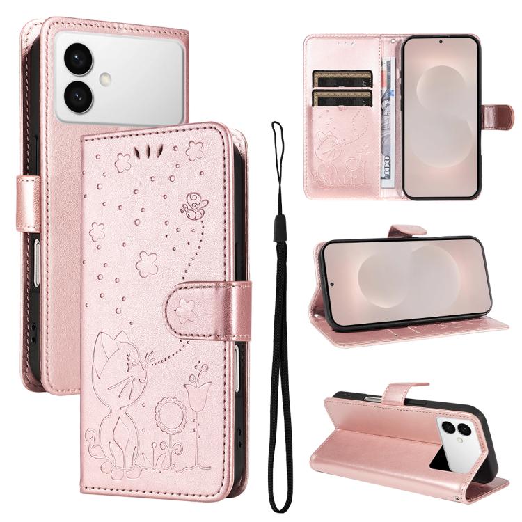 Custodia per cellulare in pelle con motivo gatto e ape in rilievo, For Galaxy S26 FE 5G, For Galaxy S26+ 5G, For Galaxy S26 Edge 5G, For Galaxy S26 Ultra 5G
