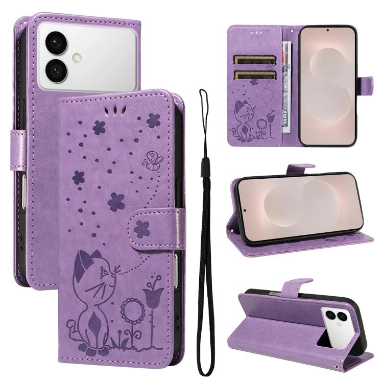 Custodia per cellulare in pelle con motivo gatto e ape in rilievo, For Galaxy S26 FE 5G, For Galaxy S26+ 5G, For Galaxy S26 Edge 5G, For Galaxy S26 Ultra 5G