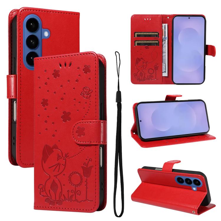 Custodia per cellulare in pelle con motivo gatto e ape in rilievo, For Galaxy S26 5G, For Galaxy S25 FE 5G, For Galaxy S25 / S24 5G, For Galaxy S25+ / S24+ 5G