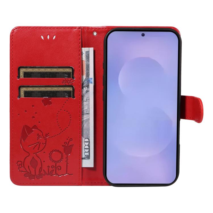 Custodia per cellulare in pelle con motivo gatto e ape in rilievo, For Galaxy S26 5G, For Galaxy S25 FE 5G, For Galaxy S25 / S24 5G, For Galaxy S25+ / S24+ 5G