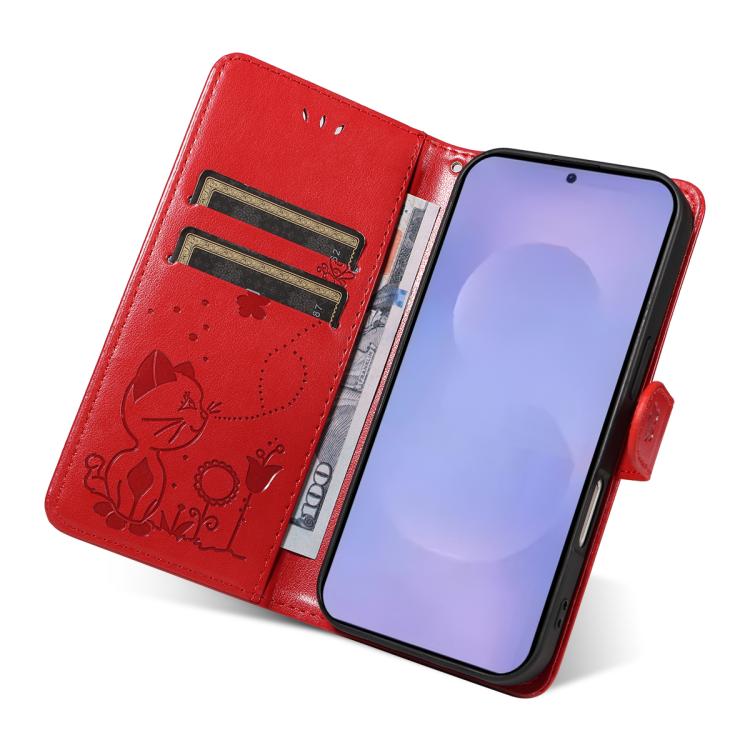Custodia per cellulare in pelle con motivo gatto e ape in rilievo, For Galaxy S26 5G, For Galaxy S25 FE 5G, For Galaxy S25 / S24 5G, For Galaxy S25+ / S24+ 5G