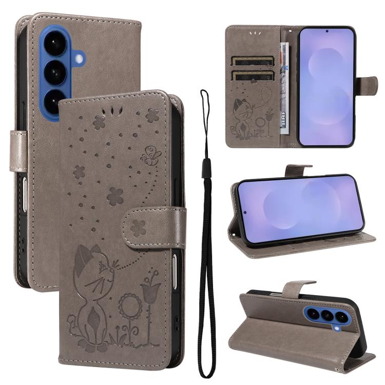 Custodia per cellulare in pelle con motivo gatto e ape in rilievo, For Galaxy S26 5G, For Galaxy S25 FE 5G, For Galaxy S25 / S24 5G, For Galaxy S25+ / S24+ 5G