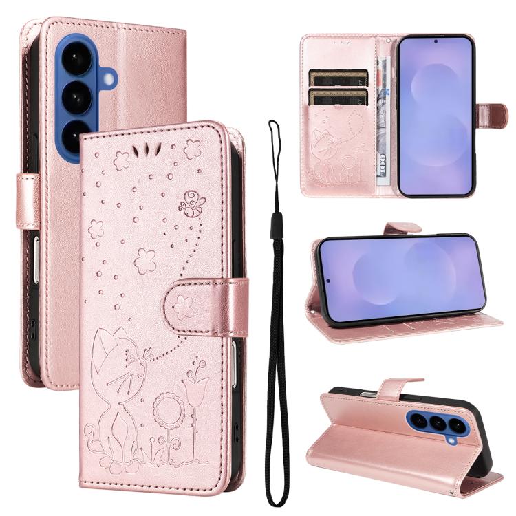 Custodia per cellulare in pelle con motivo gatto e ape in rilievo, For Galaxy S26 5G, For Galaxy S25 FE 5G, For Galaxy S25 / S24 5G, For Galaxy S25+ / S24+ 5G