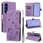 Custodia per cellulare in pelle con motivo gatto e ape in rilievo, For Galaxy S26 5G, For Galaxy S25 FE 5G, For Galaxy S25 / S24 5G, For Galaxy S25+ / S24+ 5G