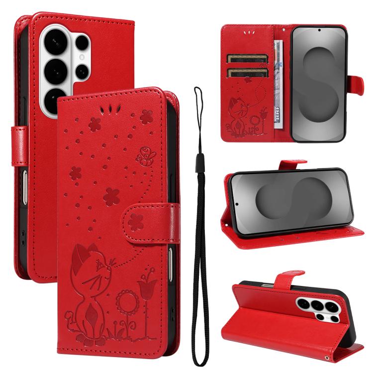 Custodia per cellulare in pelle con motivo gatto e ape in rilievo, For Galaxy S26 FE 5G, For Galaxy S26+ 5G, For Galaxy S26 Edge 5G, For Galaxy S26 Ultra 5G