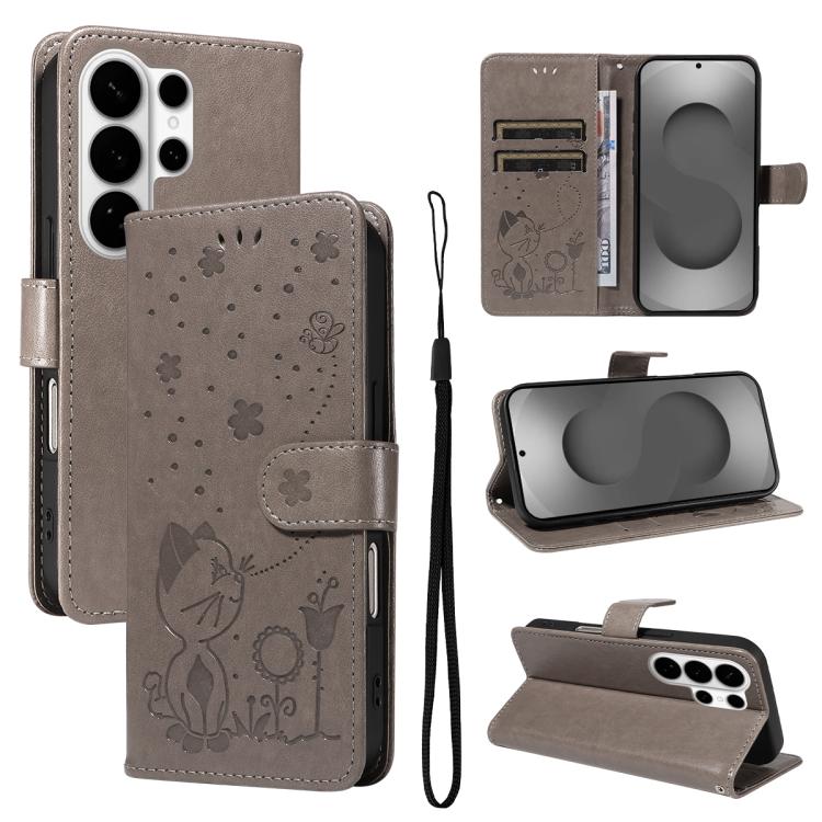 Custodia per cellulare in pelle con motivo gatto e ape in rilievo, For Galaxy S26 FE 5G, For Galaxy S26+ 5G, For Galaxy S26 Edge 5G, For Galaxy S26 Ultra 5G