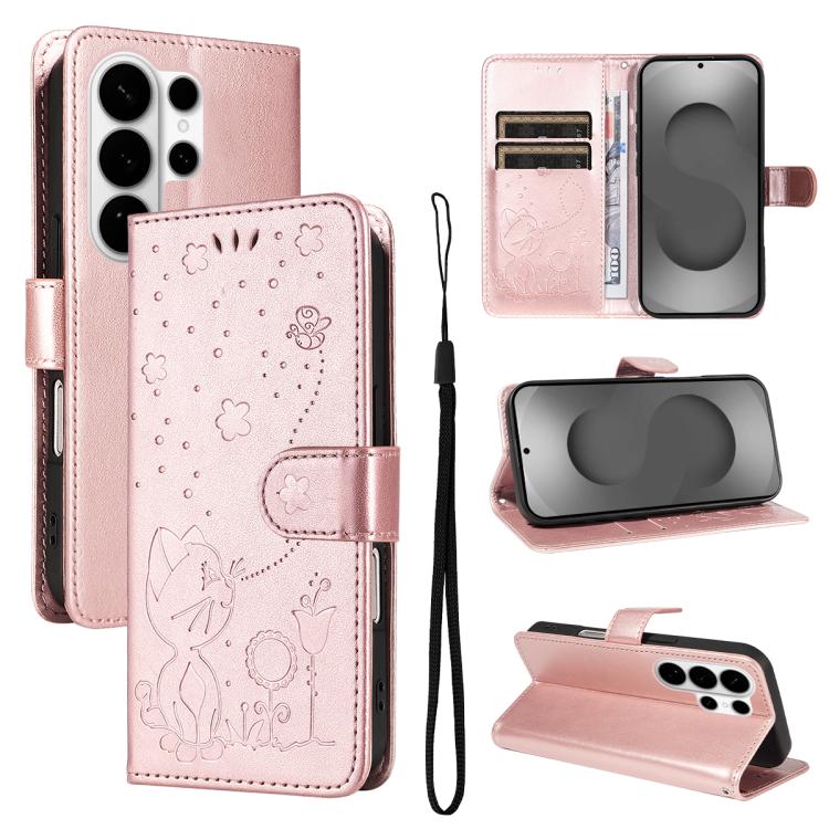 Custodia per cellulare in pelle con motivo gatto e ape in rilievo, For Galaxy S26 FE 5G, For Galaxy S26+ 5G, For Galaxy S26 Edge 5G, For Galaxy S26 Ultra 5G