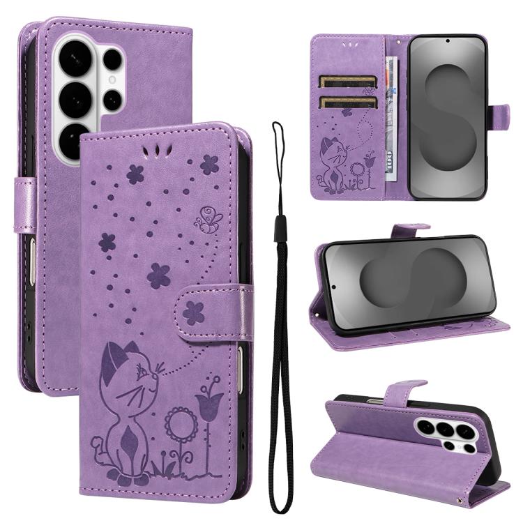 Custodia per cellulare in pelle con motivo gatto e ape in rilievo, For Galaxy S26 FE 5G, For Galaxy S26+ 5G, For Galaxy S26 Edge 5G, For Galaxy S26 Ultra 5G