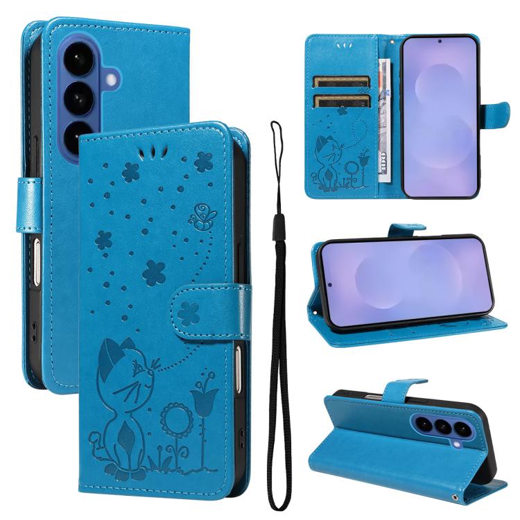 Custodia per cellulare in pelle con motivo gatto e ape in rilievo, For Galaxy S26 FE 5G, For Galaxy S26+ 5G, For Galaxy S26 Edge 5G, For Galaxy S26 Ultra 5G
