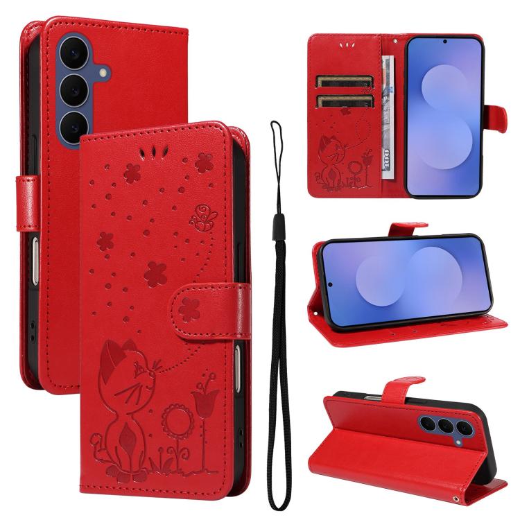 Custodia per cellulare in pelle con motivo gatto e ape in rilievo, For Galaxy S26 FE 5G, For Galaxy S26+ 5G, For Galaxy S26 Edge 5G, For Galaxy S26 Ultra 5G