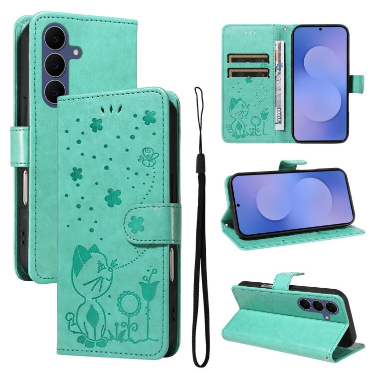 Custodia per cellulare in pelle con motivo gatto e ape in rilievo, For Galaxy S26 FE 5G, For Galaxy S26+ 5G, For Galaxy S26 Edge 5G, For Galaxy S26 Ultra 5G