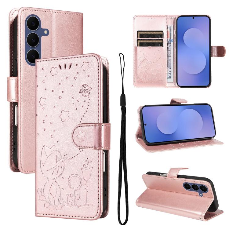 Custodia per cellulare in pelle con motivo gatto e ape in rilievo, For Galaxy S26 FE 5G, For Galaxy S26+ 5G, For Galaxy S26 Edge 5G, For Galaxy S26 Ultra 5G