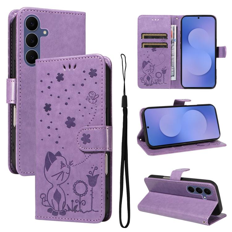 Custodia per cellulare in pelle con motivo gatto e ape in rilievo, For Galaxy S26 FE 5G, For Galaxy S26+ 5G, For Galaxy S26 Edge 5G, For Galaxy S26 Ultra 5G