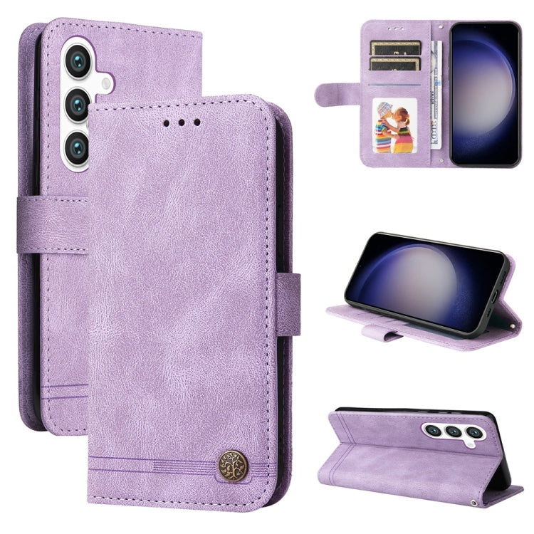 Custodia per telefono in pelle con bottone in metallo e motivo albero della vita Skin Feel, For Samsung Galaxy S26 5G, For Samsung Galaxy S25 Edge 5G, For Samsung Galaxy S25 5G, For Samsung Galaxy S25+ 5G