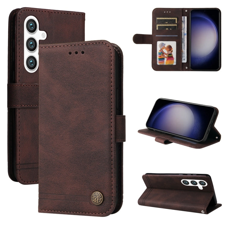Custodia per telefono in pelle con bottone in metallo e motivo albero della vita Skin Feel, For Samsung Galaxy S26 5G, For Samsung Galaxy S25 Edge 5G, For Samsung Galaxy S25 5G, For Samsung Galaxy S25+ 5G