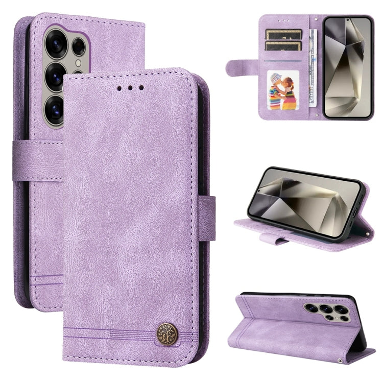 Custodia per telefono in pelle con bottone in metallo e motivo albero della vita Skin Feel, For Samsung Galaxy S25 Ultra 5G, For Samsung Galaxy S24 FE 5G