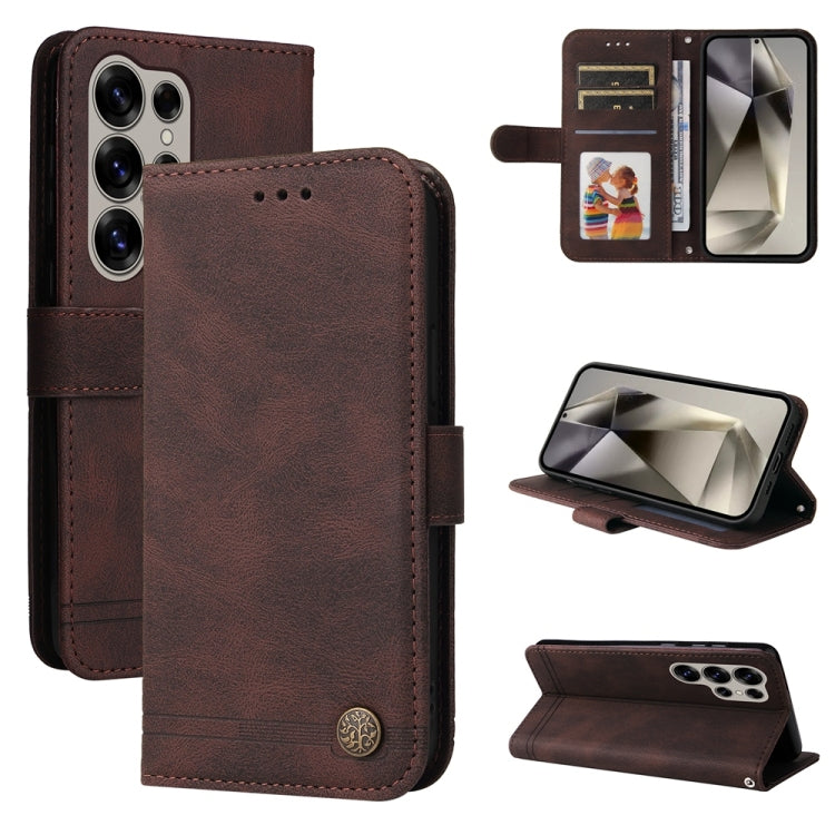 Custodia per telefono in pelle con bottone in metallo e motivo albero della vita Skin Feel, For Samsung Galaxy S25 Ultra 5G, For Samsung Galaxy S24 FE 5G
