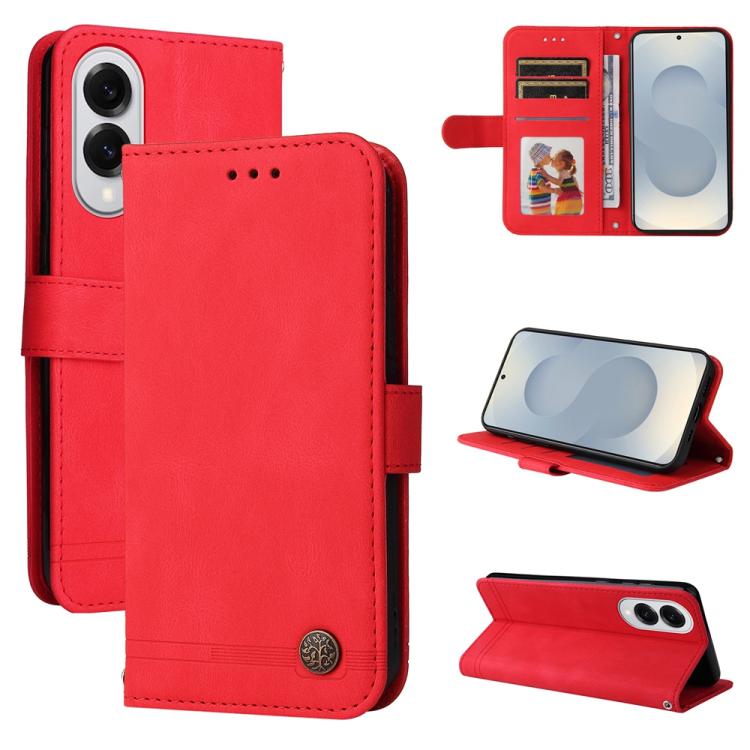 Custodia per telefono in pelle con bottone in metallo e motivo albero della vita Skin Feel, For Samsung Galaxy S26 5G, For Samsung Galaxy S25 Edge 5G, For Samsung Galaxy S25 5G, For Samsung Galaxy S25+ 5G